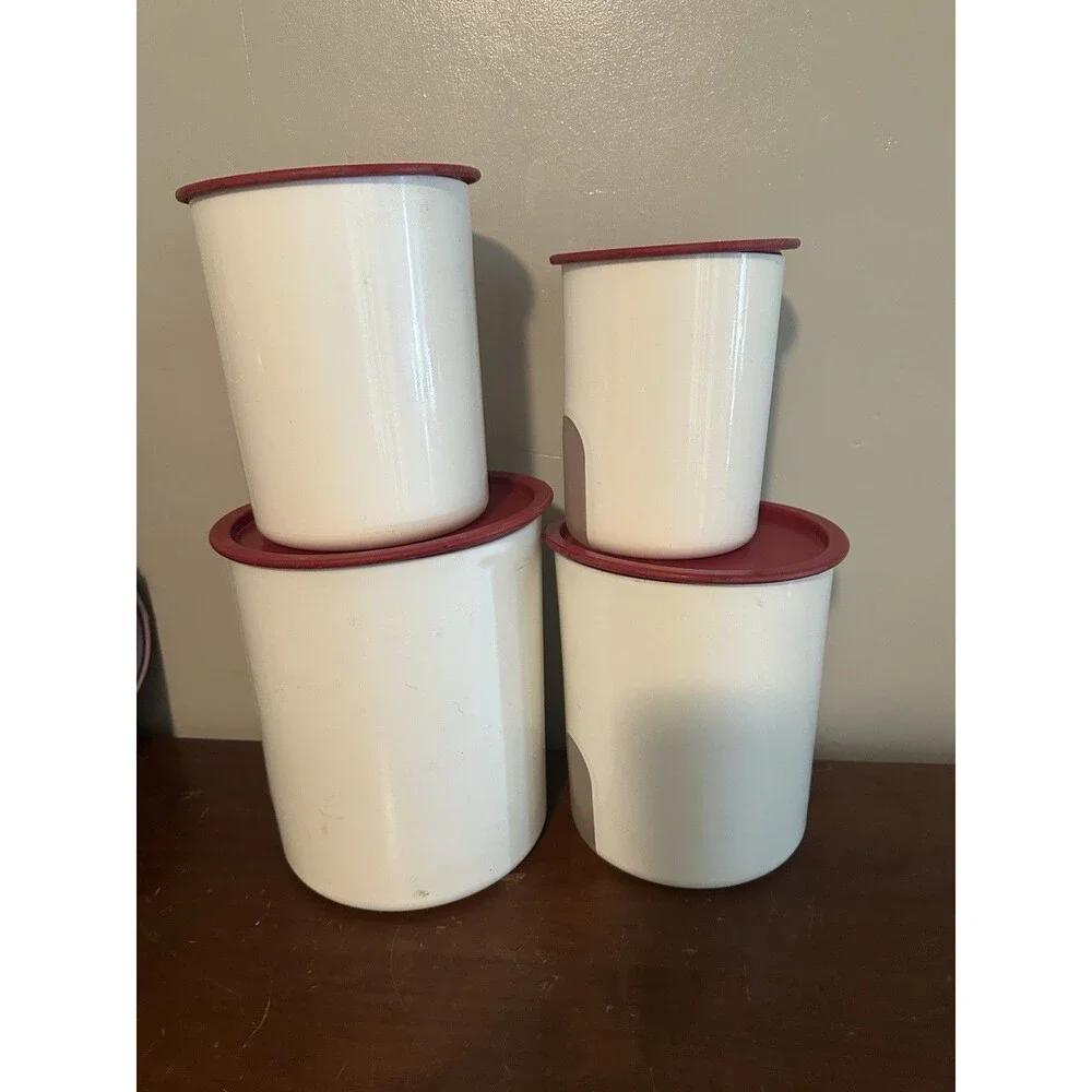 4-Tupperware One Touch Nesting Canisters Set w/ Red Lids 2416B 24188 24200 2422B